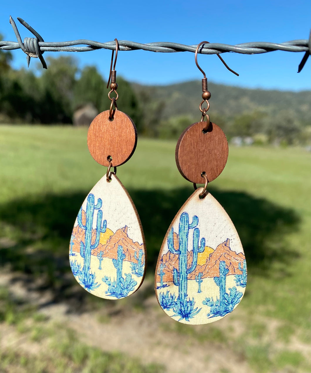 Earrings- Western Wooden - Cactus