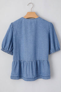 Denim Bubble Sleeve Peplum Shirt