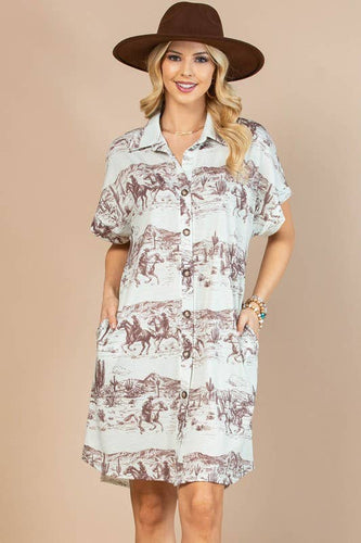 AV1246-CELINE WESTERN PRINT BUTTON DOWN KNIT DRESS