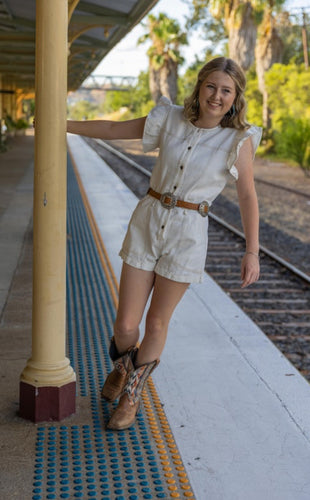 White Denim Ruffle Jumpsuit