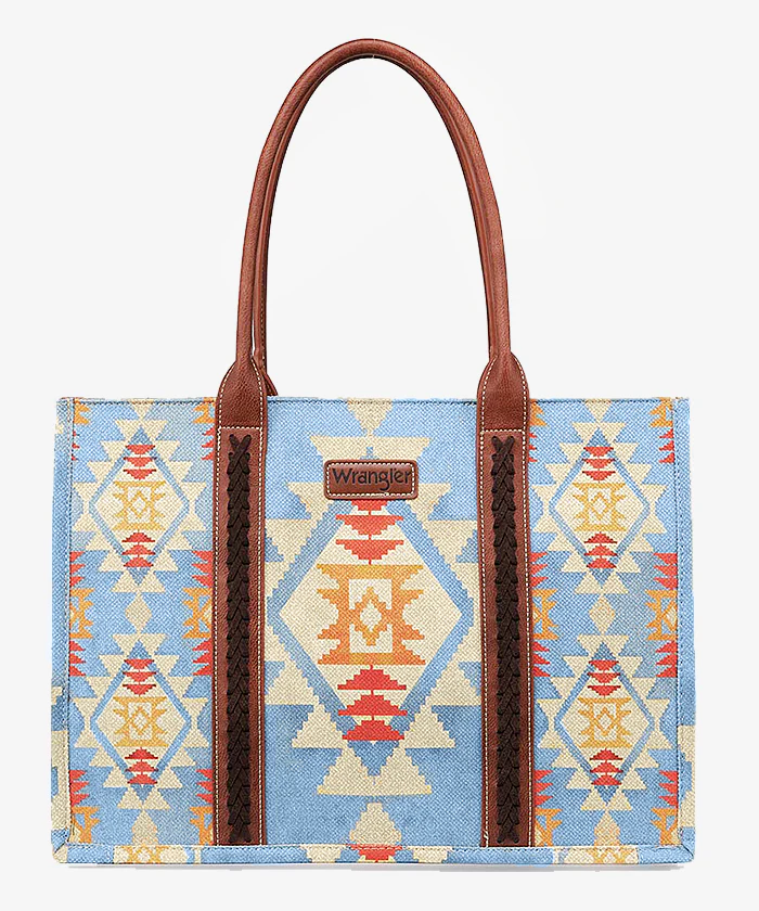 WRANGLER SOUTHWESTERN AZTEC PRINT CANVAS WIDE TOTE- Blue