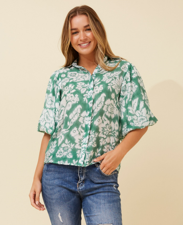 Wilkie Puff Sleeve Shirt - Jade Floral