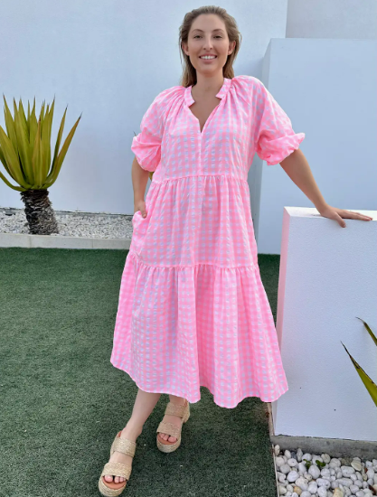 Gingham Dress - 868 - Fluro Pink