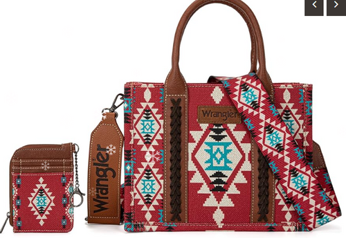 Wrangler Aztec 2 Pc Set Small Tote & Card Case - Burgundy