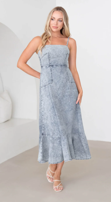 Light Denim Square Back Midi Dress