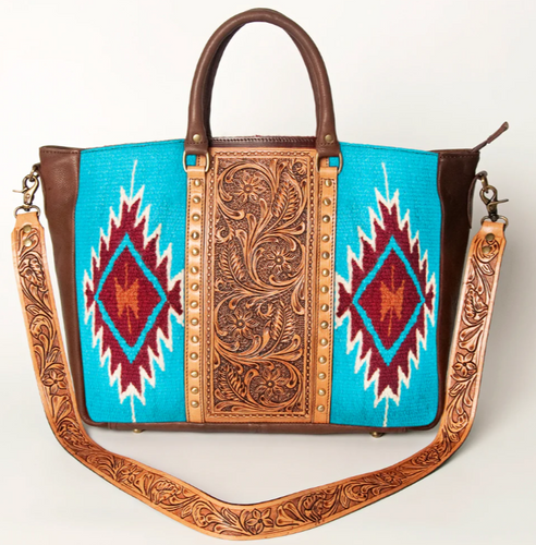 Western Leather Tote - Aqua Tooled