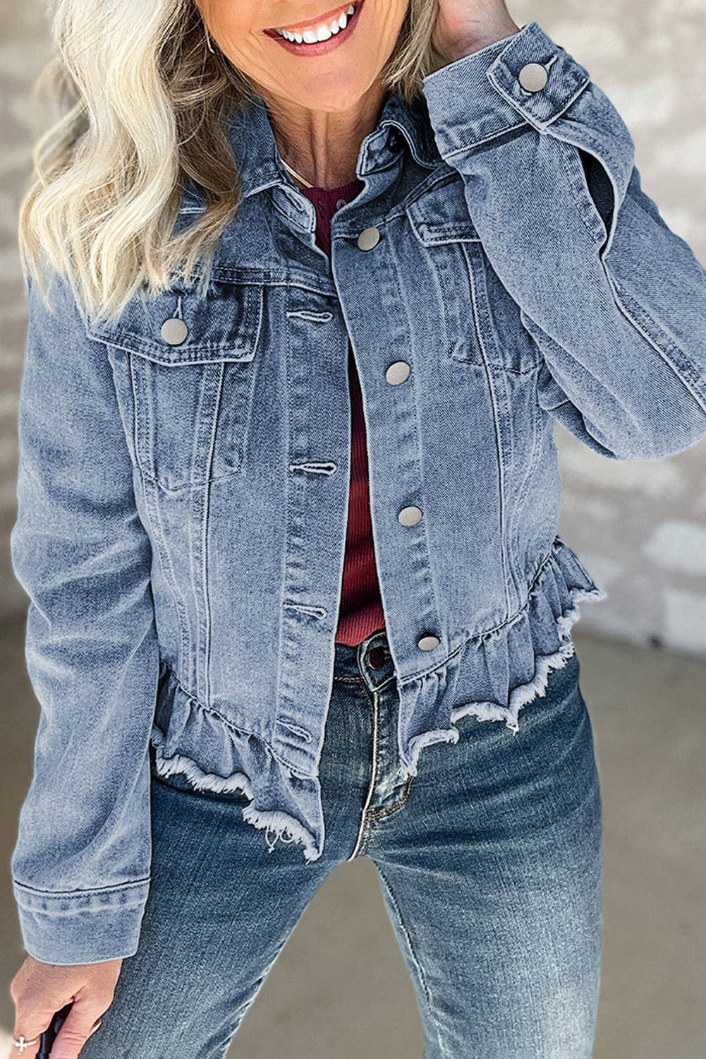 Denim Ruffle Raw Hem Jacket