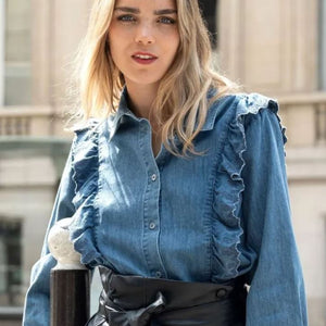Embroidered Denim Blouse with Frill