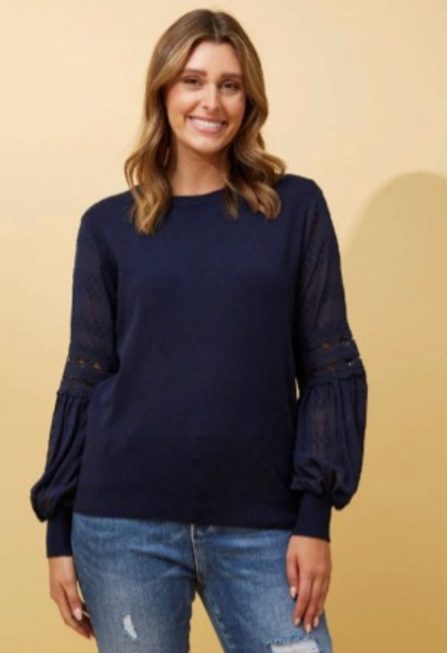 ALBANY LACE SLEEVES KNIT JUMPER navy