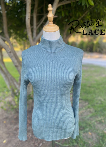 Polo Neck Ribbed Knit  - High Neck - Sage